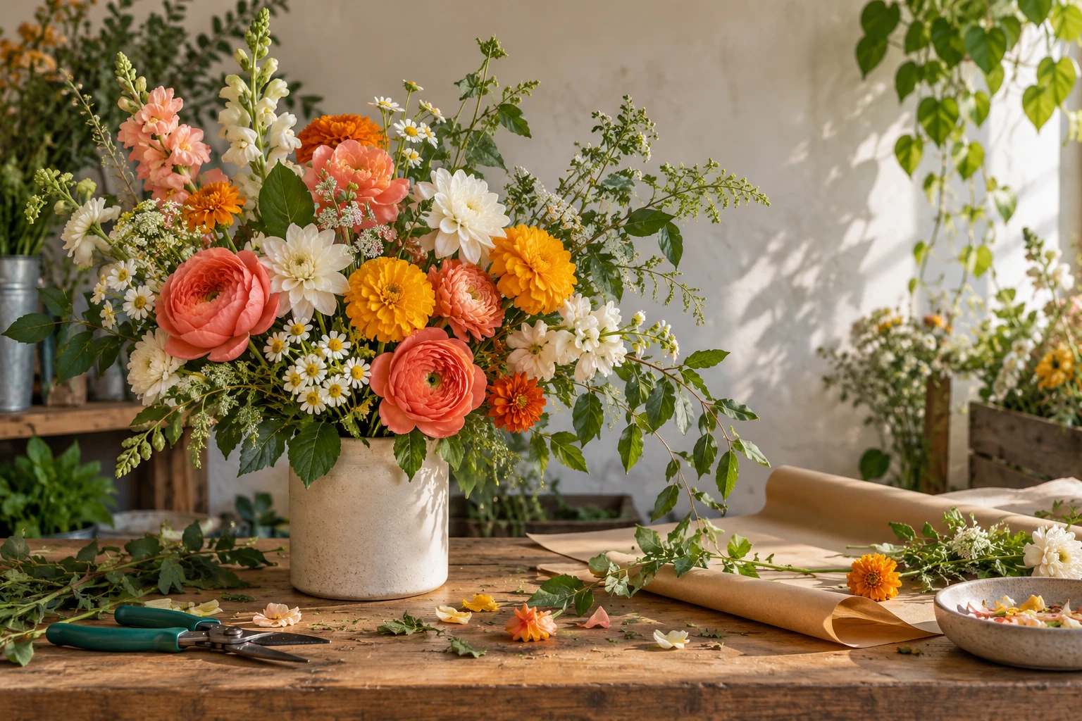 Illustrative coral, yellow and white flower arrangement on a florist worktable; not an exact Flowers by Mario order, storefront or delivery promise.